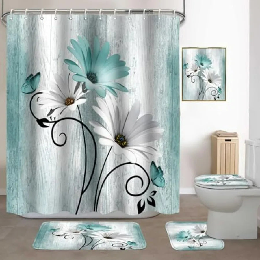 5Pcs Teal Daisy Shower Curtain Set with Bathroom Wall Art Decor Painting Shower Curtain and Rugs Ideal for Bathroom Decoration