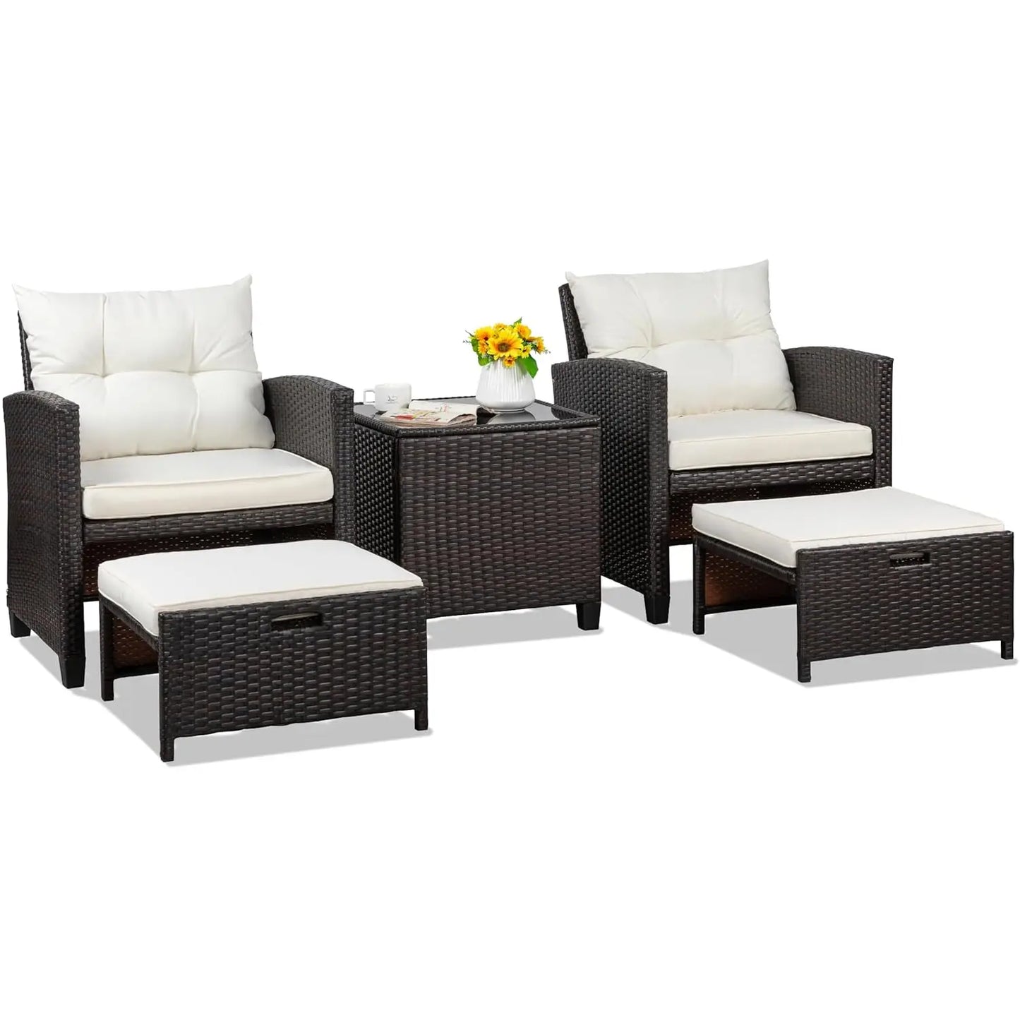 5pc Patio Set Wicker Conversation Ottoman All Weather Rattan Chairs Table Cushion Porch Garden Backyard, Customized