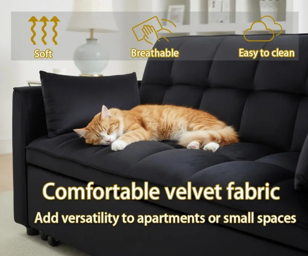 70" 3-in-1 Velvet Sleeper Sofa Bed, Convertible Pull Out Couch w/Adjustable Back & Storage, Black Futon for Small Space