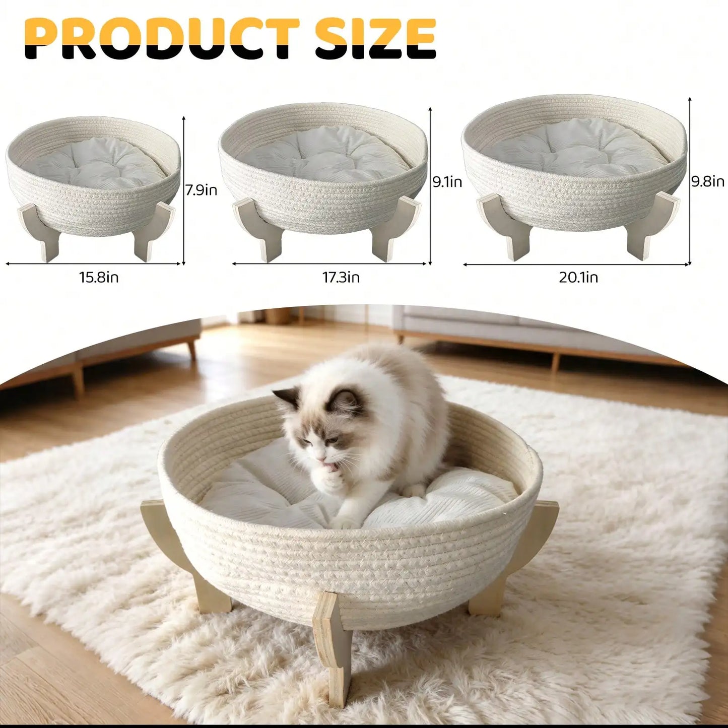Raised Wooden Cat Bed Sofa with Fluffy Cushion, Elevated Pet Couch Lounge Chair for Indoor Cats, Puppies and Small Pets