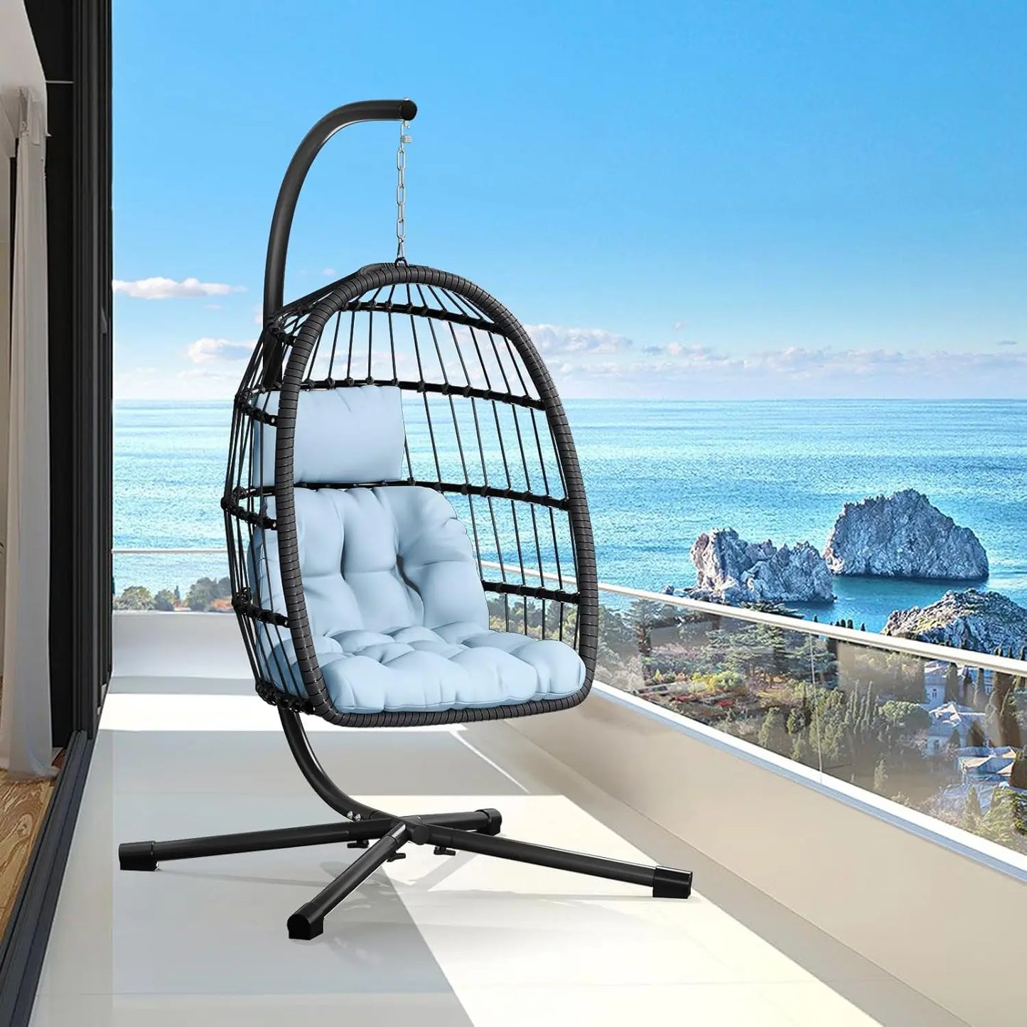 Double Egg Swing Chair with Stand - 2 Person Outdoor Patio Hanging Wicker Hammock Chair with Cushion, Customized
