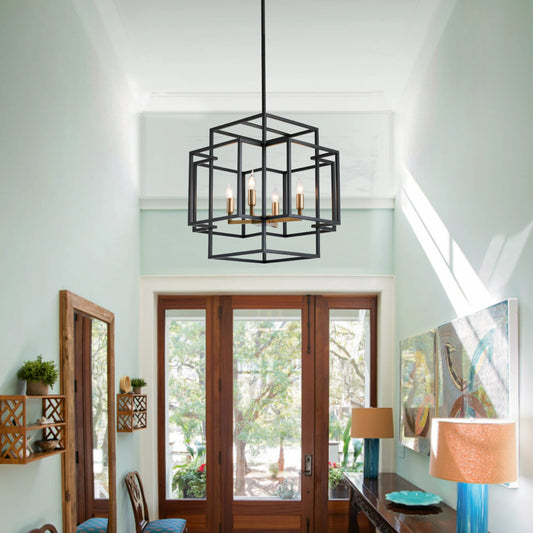 4-Lights Pendant Lights Fixtures Lantern American Style Industrial Farmhouse Hanging Chandelier for Living Room Island Kitchen