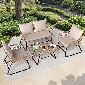 Outdoor Patio Conversation Set 4 Pieces, Wicker Furniture with Soft Cushion & Coffee Table, Rattan Bistro Set Patio Set Chairs