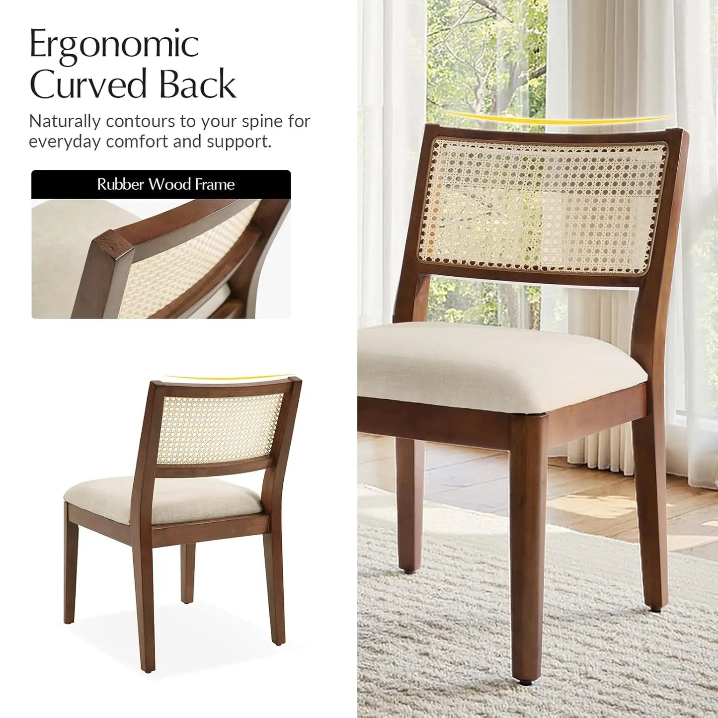 Rattan Dining Chairs Set of 4, French Solid Wood Kitchen Dining Room Chairs with Curved Back, Upholstered Accent, Customized