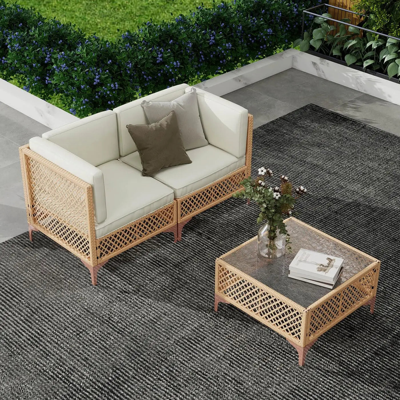 7-Piece Outdoor Patio Furniture Set, Wicker Outdoor Sectional Set with Tempered Glass Coffee Table, Boho, Customized
