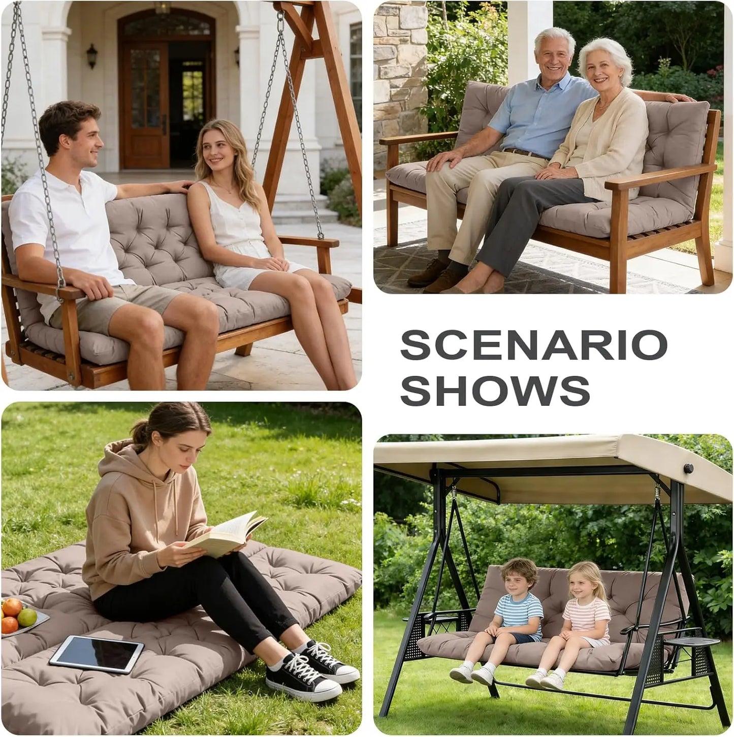 Waterproof Outdoor Swing Cushions with Backrest and Ties, 3-Seater Thickened Bench Cushion for Patio, Garden (Khaki 60x40 in)