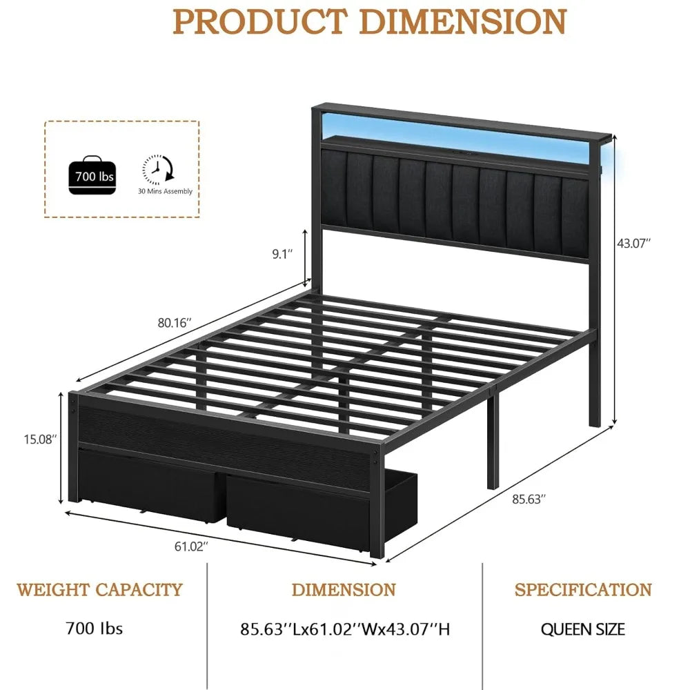 Bed Frame with Charging Station and LED Lights, Grey Upholstered Headboard with Shelves, Metal Platform Bed, Customized