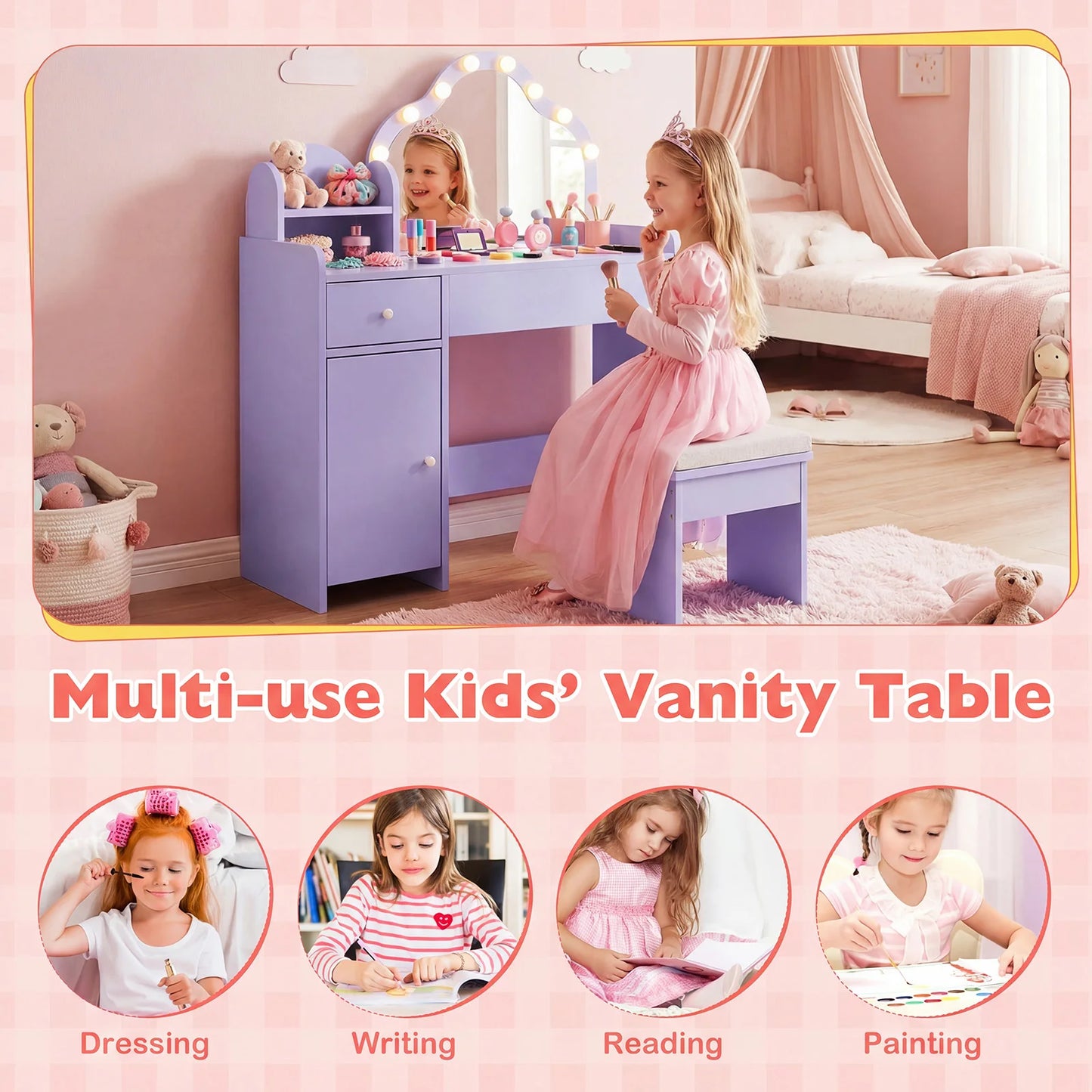 Kids Vanity Set, Princess Pretend Play Makeup Desk with Cute Cloud-Shaped Mirror