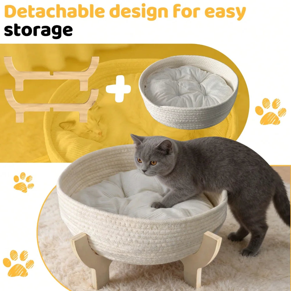 Raised Wooden Cat Bed Sofa with Fluffy Cushion, Elevated Pet Couch Lounge Chair for Indoor Cats, Puppies and Small Pets