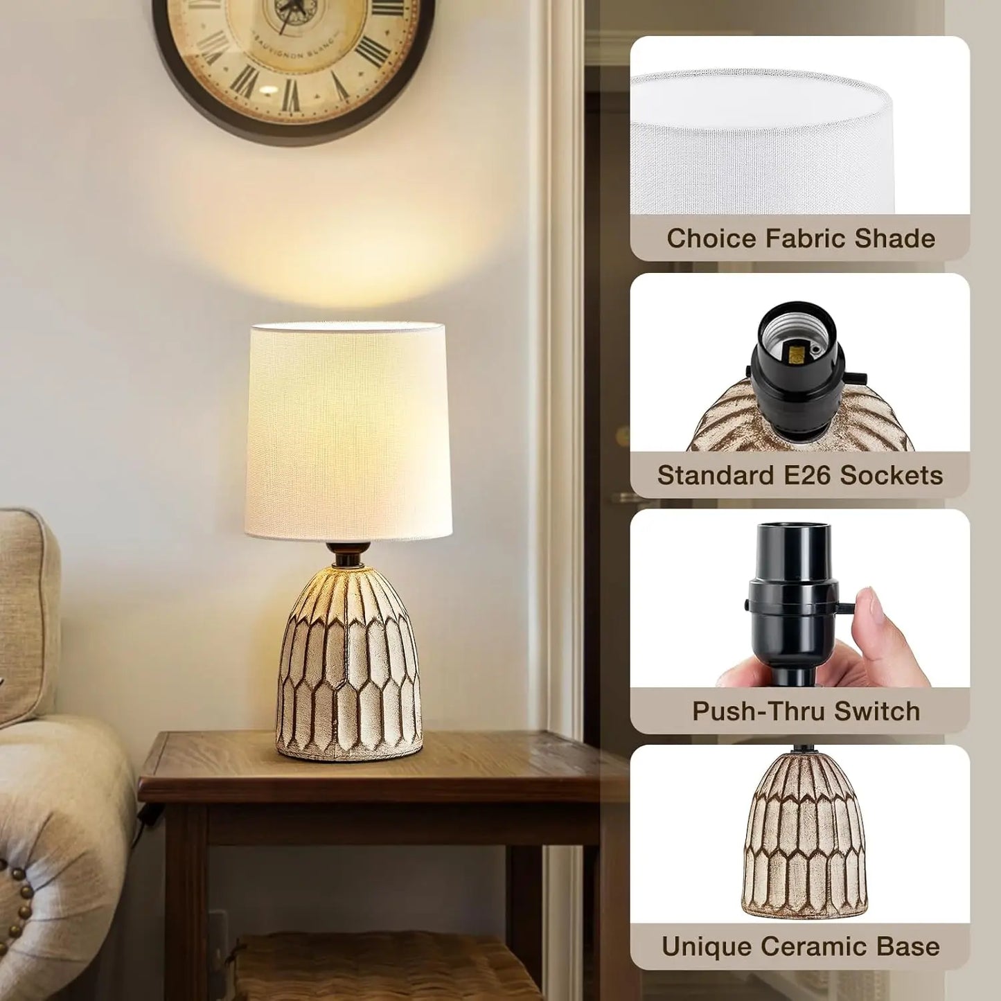 Set of 2 Farmhouse Ceramic Table Lamps, 13.5" Hand-Painted Boho Style for Bedroom Living Room Office Nightstand