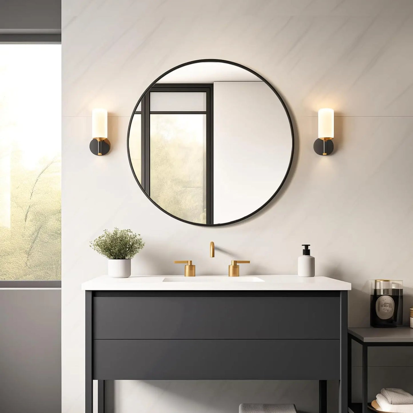 30 Inch Black Circle Mirror with Metal Frame for Bathroom, Vanity, Entryway, Living Room, Hallway and Bedroom Decor