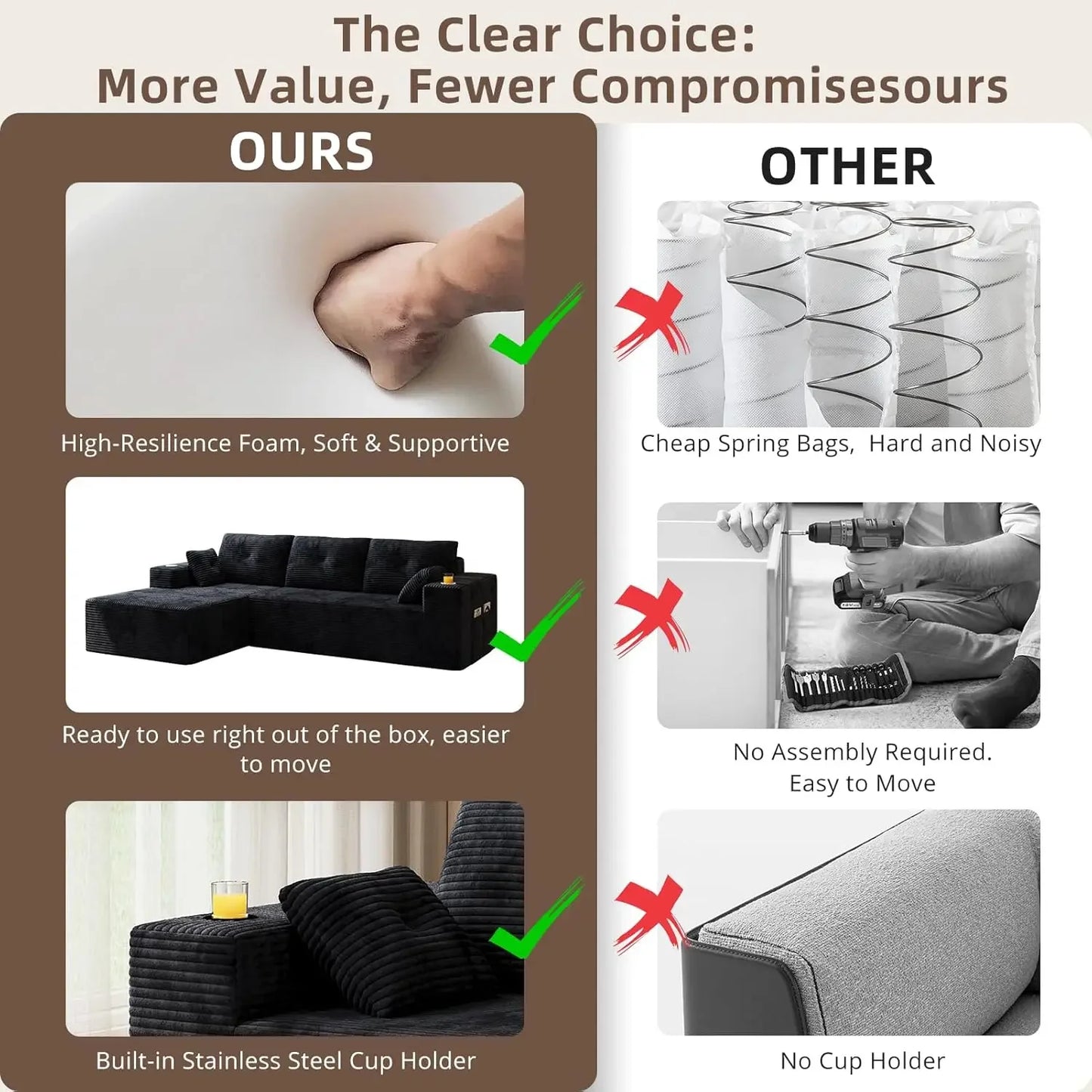 109" Boneless Couches for Living Room, Modular Sectional Sofa with Oversized Chaise, L-Shape Cloud Couch with Deep, Customized