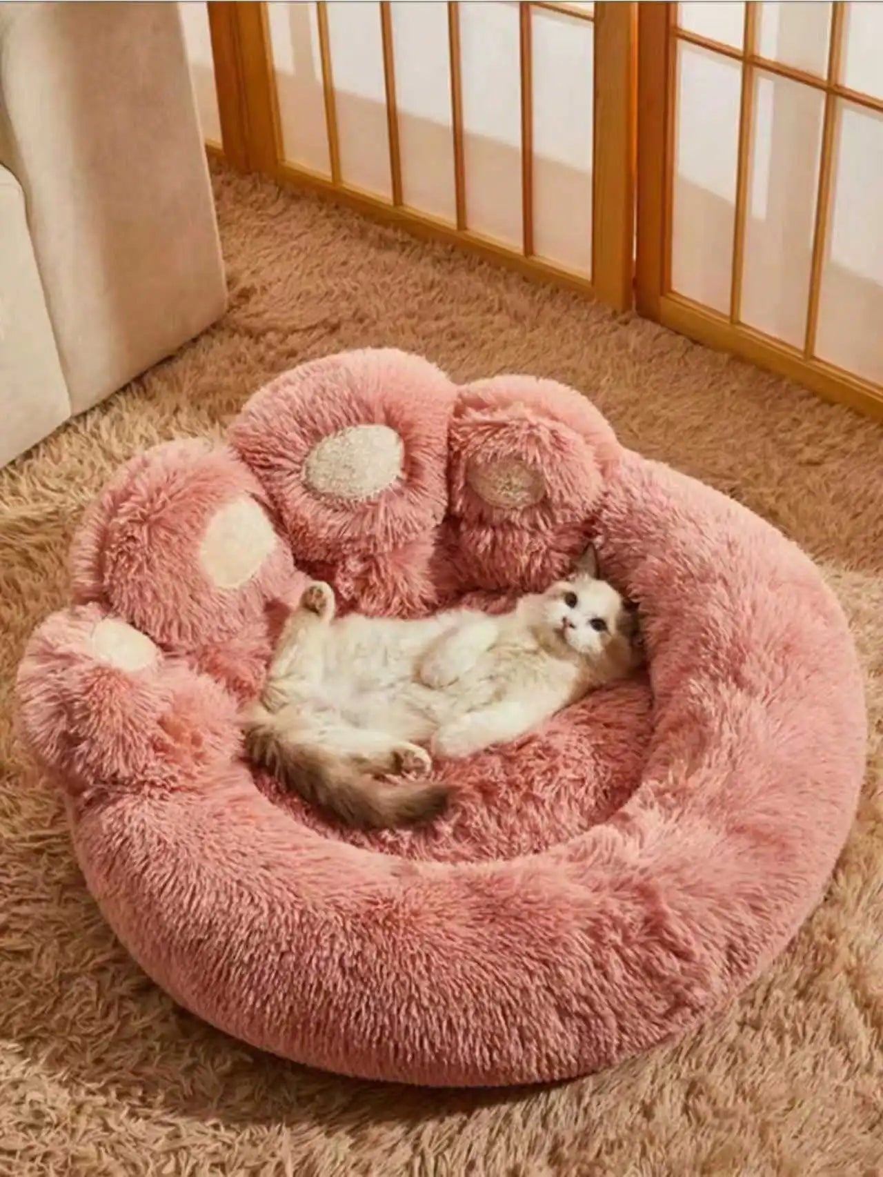 1PC Plush Paw-Shaped Pet Bed for Small Medium Large Cats and Dogs, Warm Breathable All-Season Nest with Extra Lining
