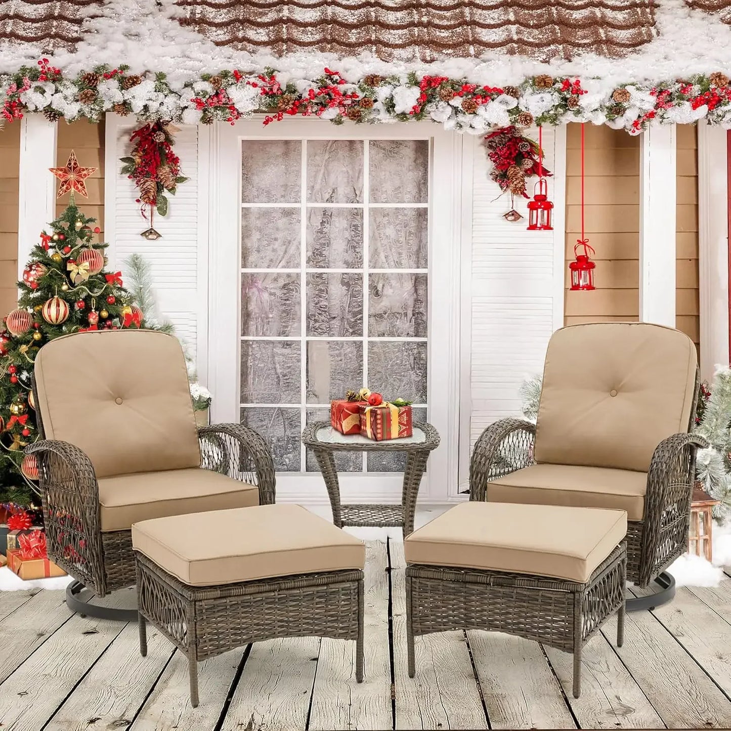 3 Pieces Outdoor Swivel Rocker Patio Chairs, with Glass Coffee Table, 360 Degree Rocking Patio Conversation Set