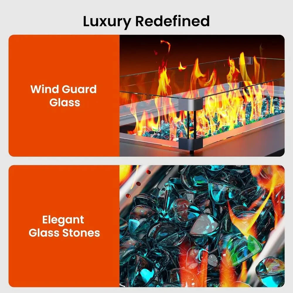 43 Outdoor Propane Fire Pit Table with 60k BTU Burner, Premium Glass Rocks, Wind Guard, Waterproof Cover, and Cup Holders for Pa