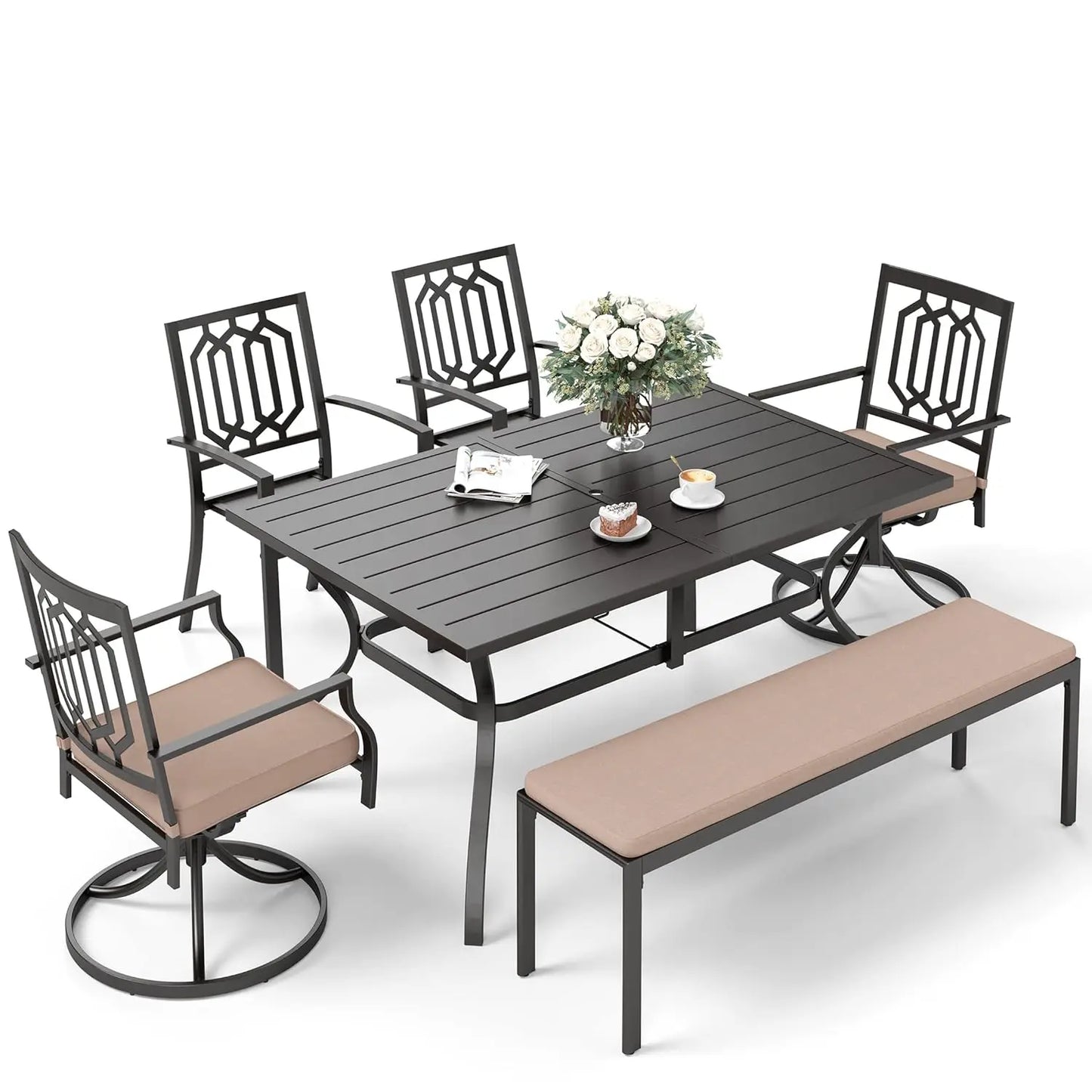 Sunshine Valle Patio Dining Set for 6, 60x38 Outdoor Table and Chairs Set with Umbrella Hole, 2 Leg Chairs, 2, Customized