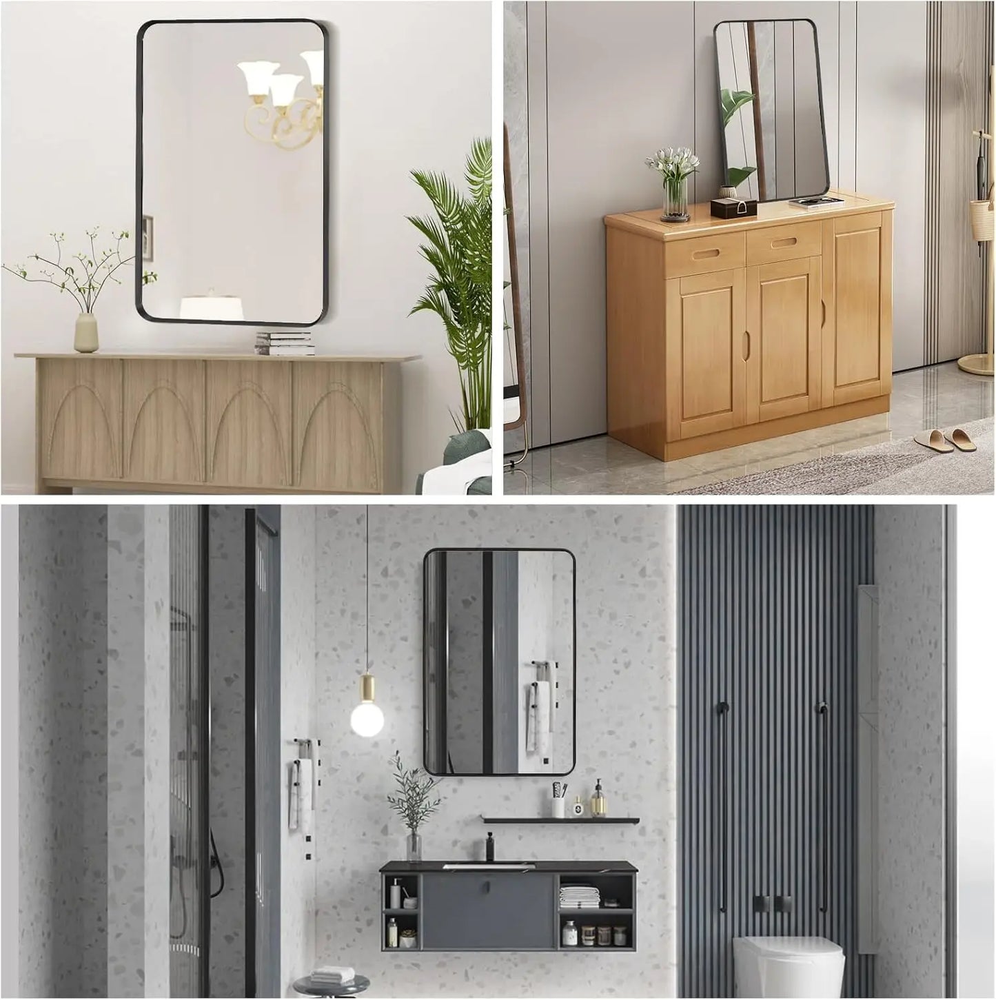 Wall Mount Bathroom Mirror, Brushed Black Metal Frame, Rounded Corner Rectangular Vanity Mirror (24" x 36", Black)