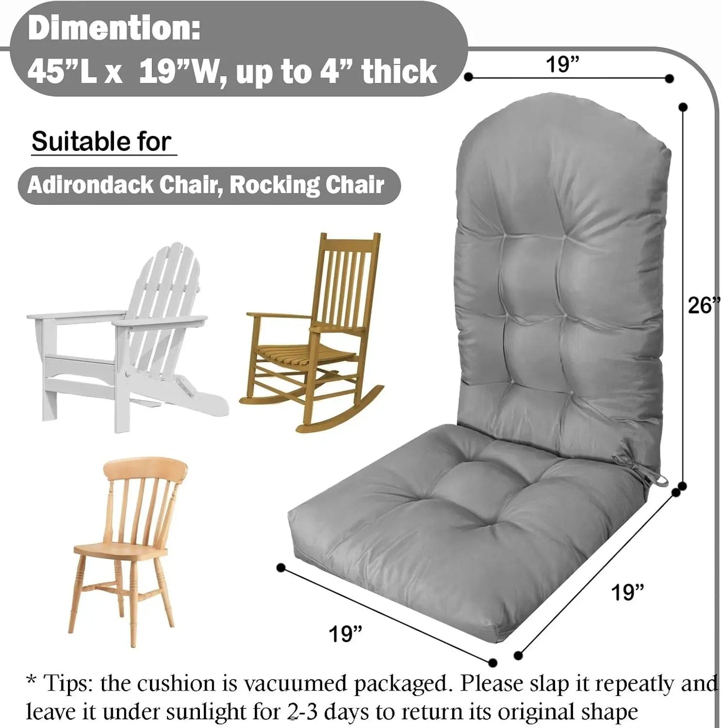 Thick Water-Resistant Cushion for Adirondack and Rocking Chairs, High Elasticity PP Cotton, Size 44x19x4