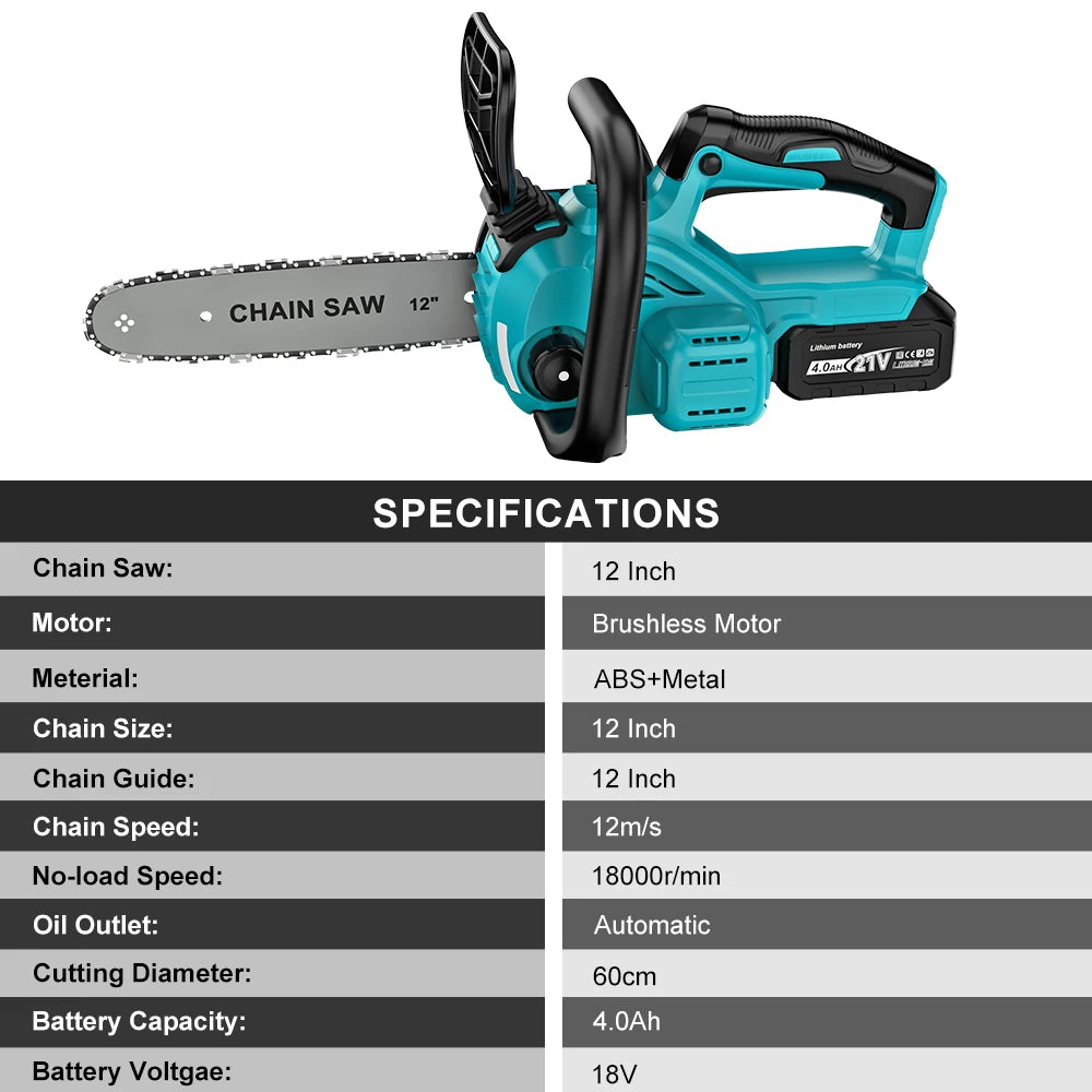 YEARTOP 12 Inch Brushless Electric Chainsaw LED Display Cordless Garden Woodworking Chain Saw Power Tool For Makita 18V Battery