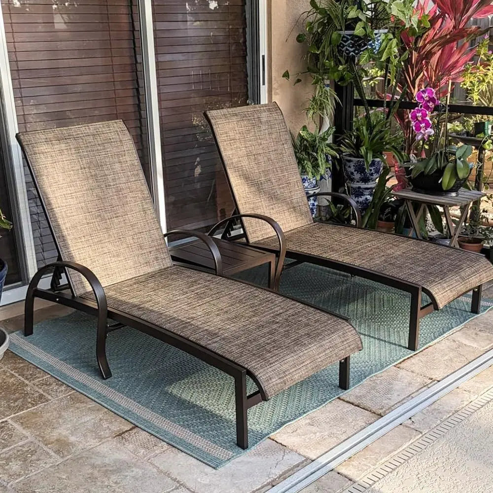Chair Set o 3 Patio Pool Lounger Chairs with Side Table Adjustable Tanning Recliner or Outside Yard Deck Lawn Garden Beach Brown