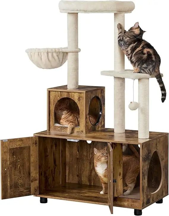 Yaheetech 53-Inch Cat Tower with Wood Litter Box and Condo, Scratching Posts, and Perch for Indoor Cats