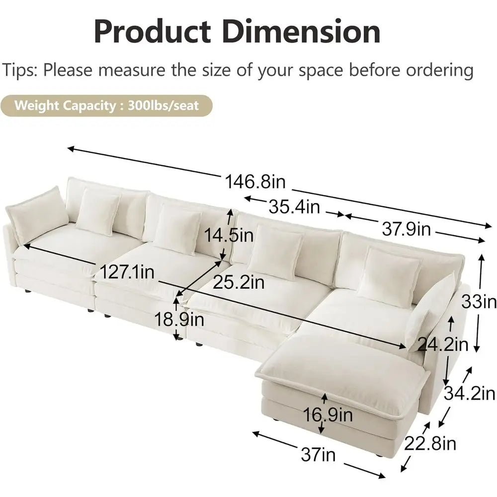 146.5 L-Shaped 4-Seat Chenille Couch Set with Ottoman, Beige, Comfortable Living Room Furniture