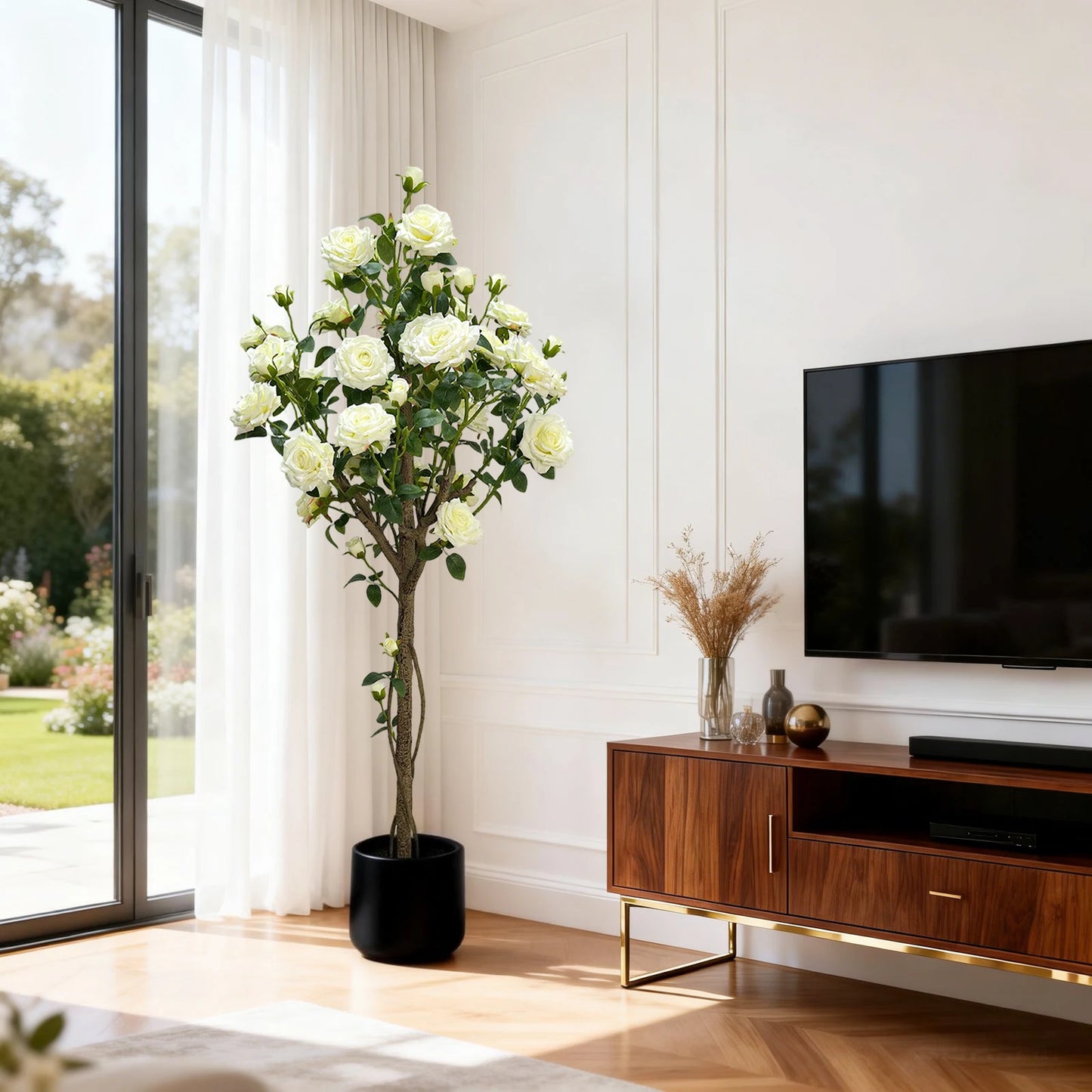 150cm  Fake Flower Tree Artificial White Rose Artificial Flowers Faux Trees Indoor Decor Trees for Home Living Room Porch Farmho