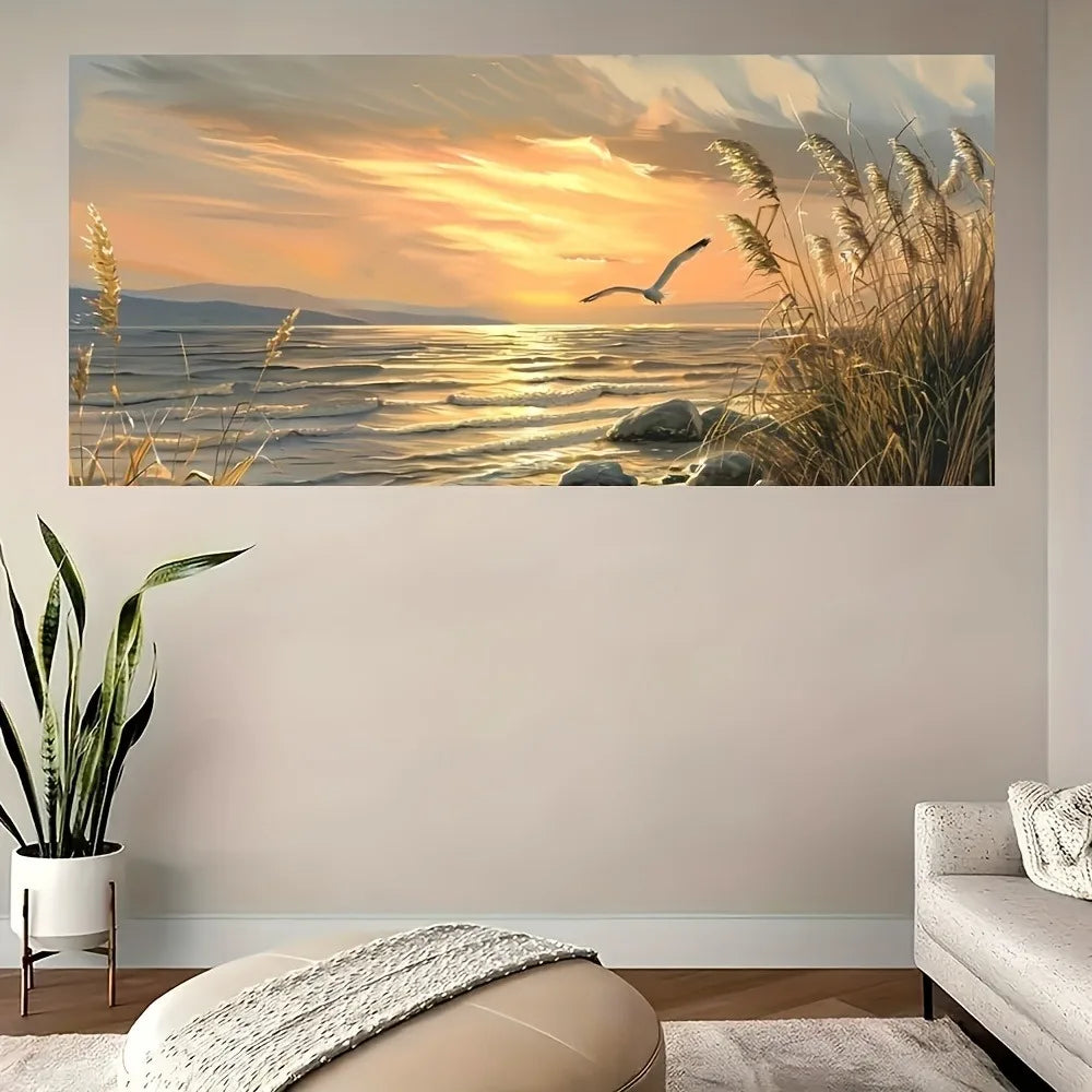 Sunset Beach Art canvas printed seascape painting, interior decorative painting poster, 1.5 inch thick pine solid wood frame