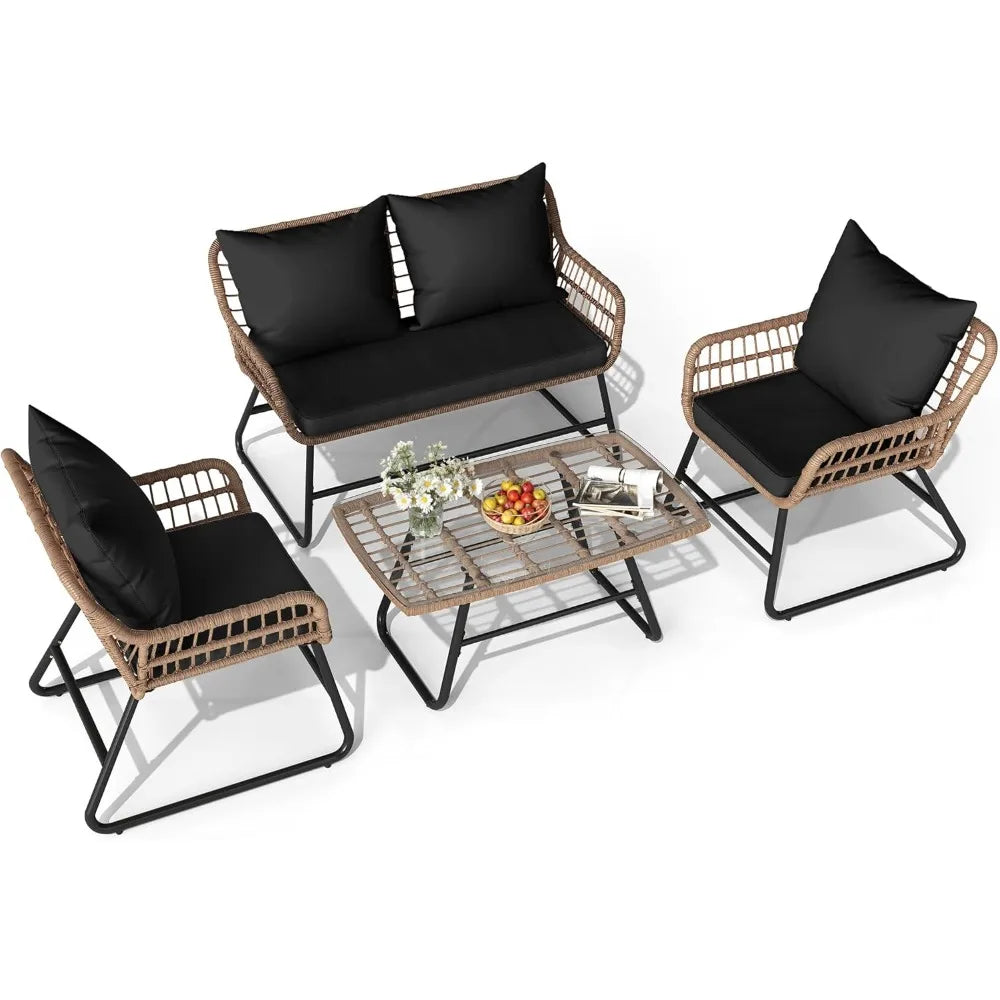 Outdoor Patio Conversation Set 4 Pieces, Wicker Furniture with Soft Cushion & Coffee Table, Rattan Bistro Set Patio Set Chairs
