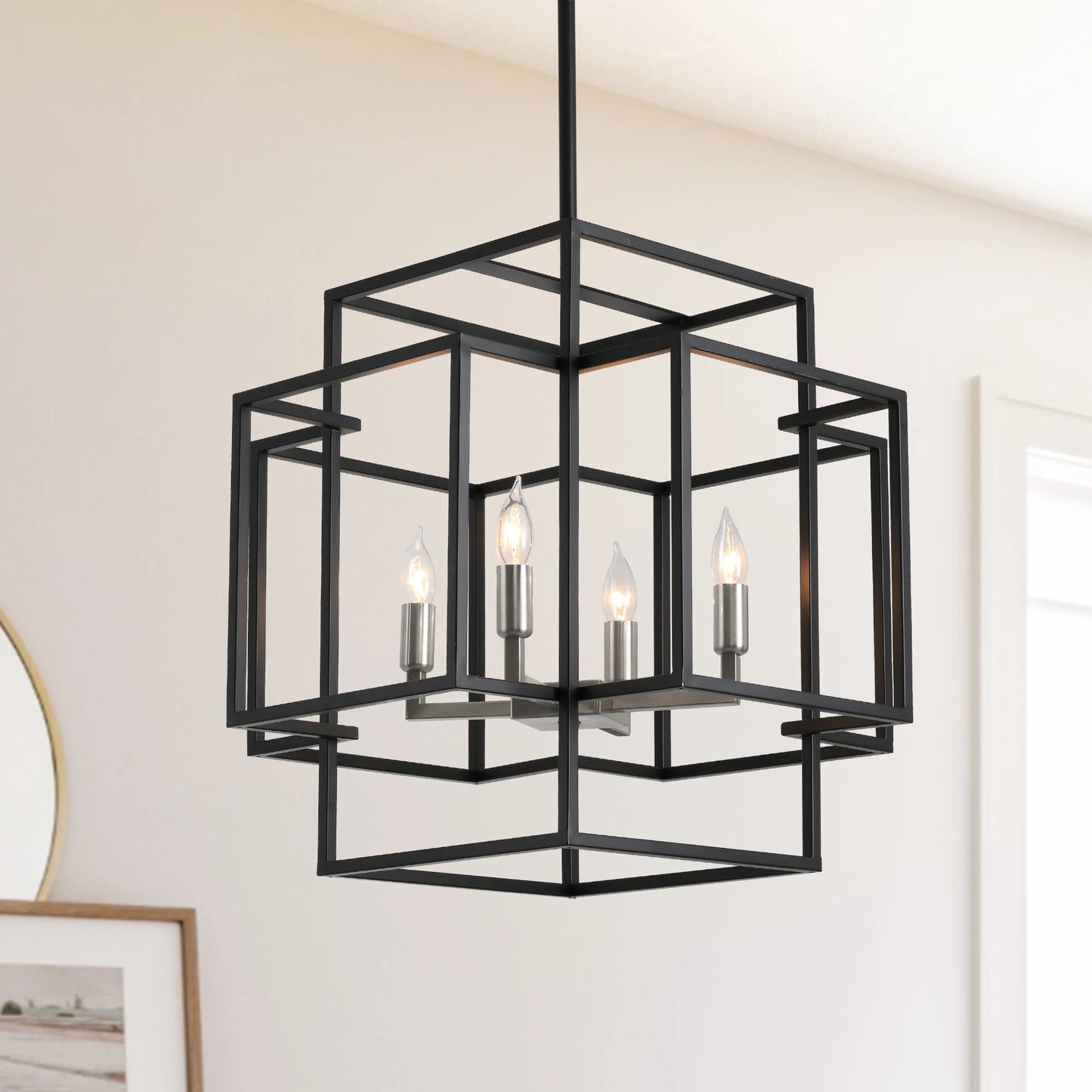 4-Lights Pendant Lights Fixtures Lantern American Style Industrial Farmhouse Hanging Chandelier for Living Room Island Kitchen