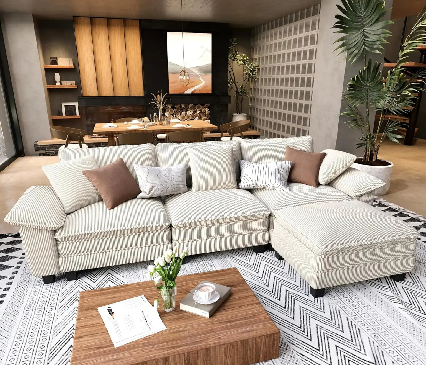 L Shaped Modular Cloud Couch, 123.6'' Comfy Chenille Sectional Sofa with Wider Armrest and Ottoman, Upholstered, Customized