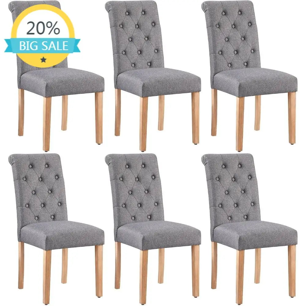 6-Piece Fabric Upholstered Dining Chairs Set with Button-Tufted High Back and Solid Wood Legs for Kitchen, Living Room, or Resta