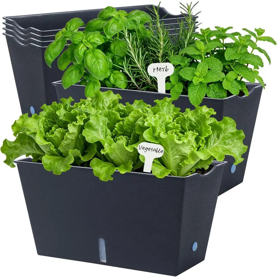 Box Planter 6 Pcs, 12.1 Inches Self Watering Plant Pots Rectangle Flower Pots with Drainage Holes and Breathable Trays, Vegetabl