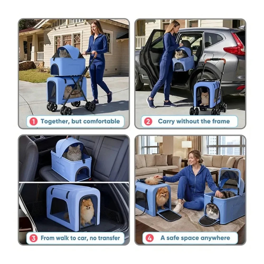 In 1 Foldable Double Pet Stroller For 2 Small Medium Dogs And Cats, Detachable Top Bottom Carriers, Breathable Mesh, OneClick F
