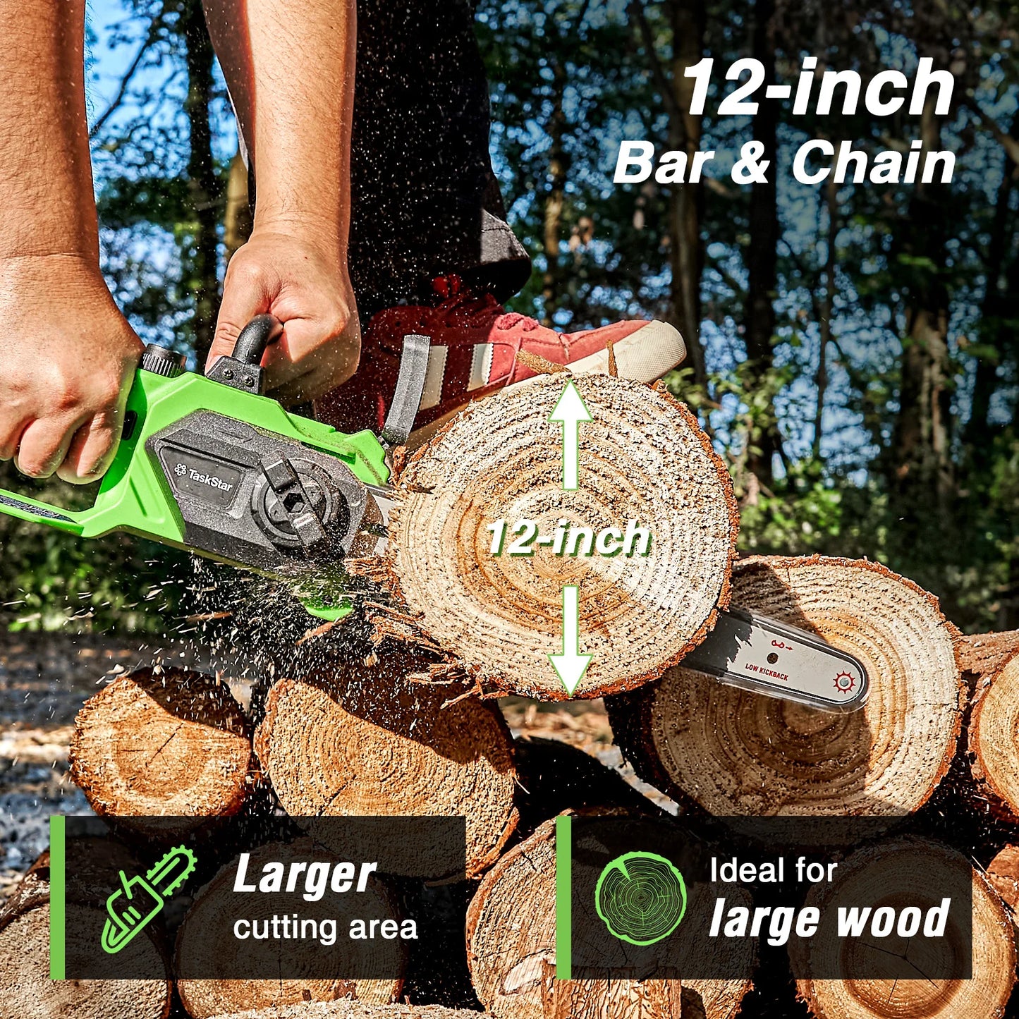 TaskStar 12-inch Brushless Electric Chainsaw Woodworking Cutting Garden Tool Cordless Electric Saw with 2 Rechargeable Batteries
