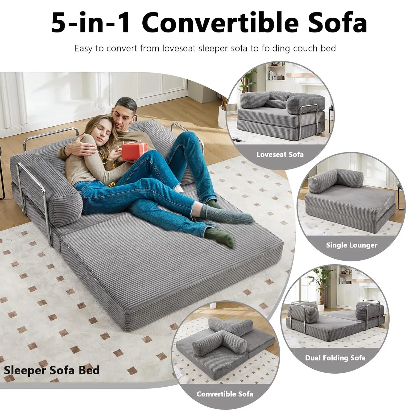 5-in-1 Convertible Sofa Bed, 79" Corduroy Folding Sleeper Couch Bed with Steel Frames, Boneless Foldable Floor Sofa, Customized