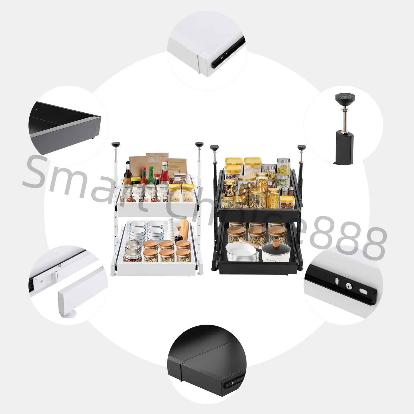 Pull-Out Pantry Organizer Multi-Tier Under Sink Sliding Cabinet Basket for Spices Utensil Organizer Blank/White