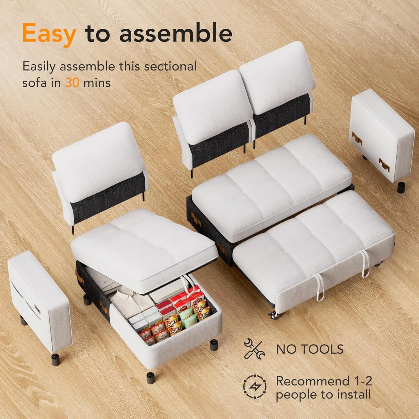 L Shaped Chenille Sleeper Sofa Pull Out Bed Reversible Storage Chaise USB Port Side Pocket Tool-Free Assembly 81" Customized