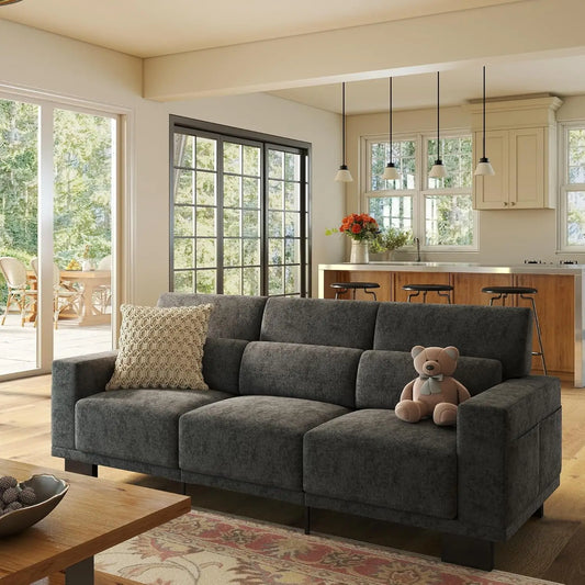 89" Modern 3-Seater Chenille Sofa Wide Armrest Deep Cushion Living Room Bedroom Apartment Dark Grey, Customized