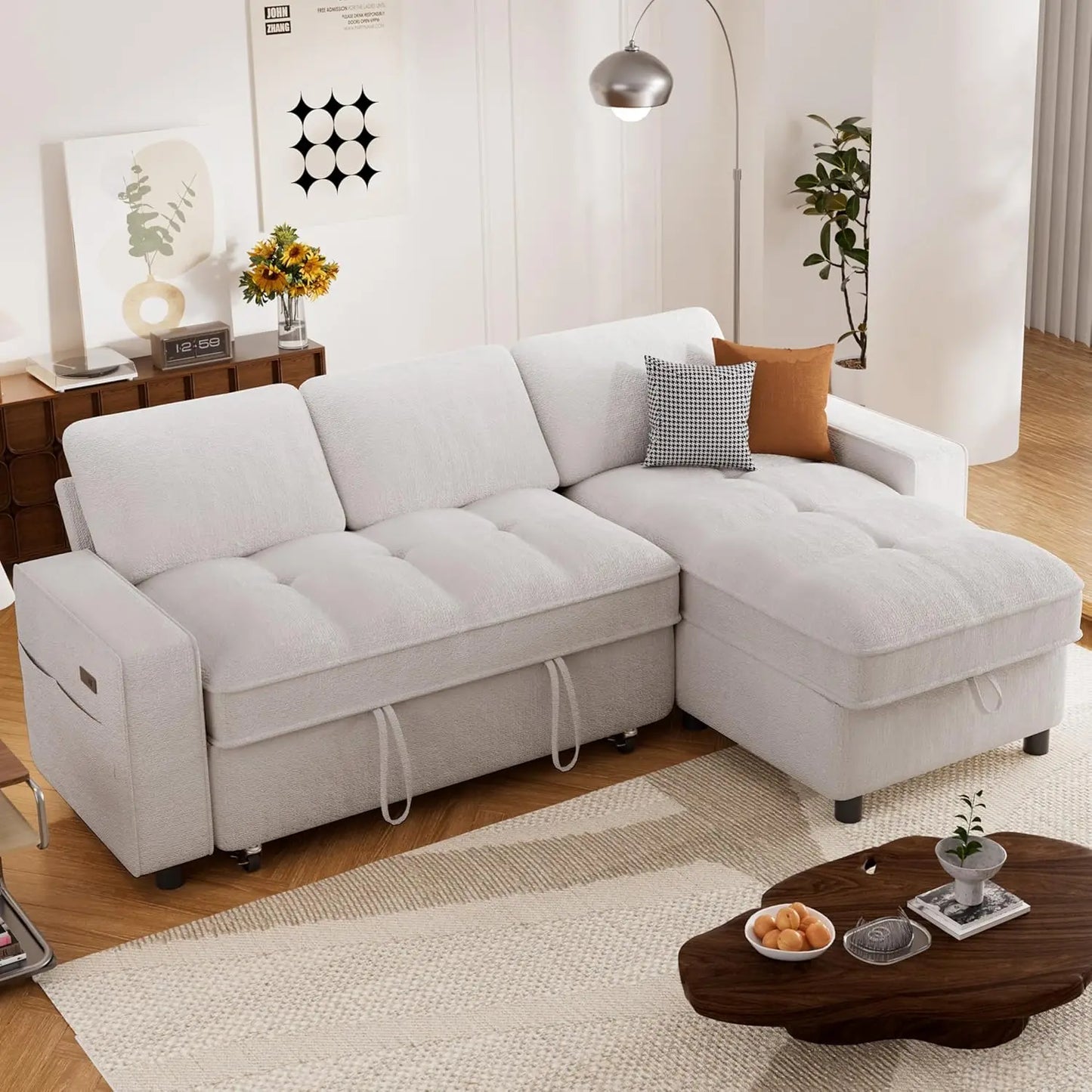 L Shaped Chenille Sleeper Sofa Pull Out Bed Reversible Storage Chaise USB Port Side Pocket Tool-Free Assembly 81" Customized