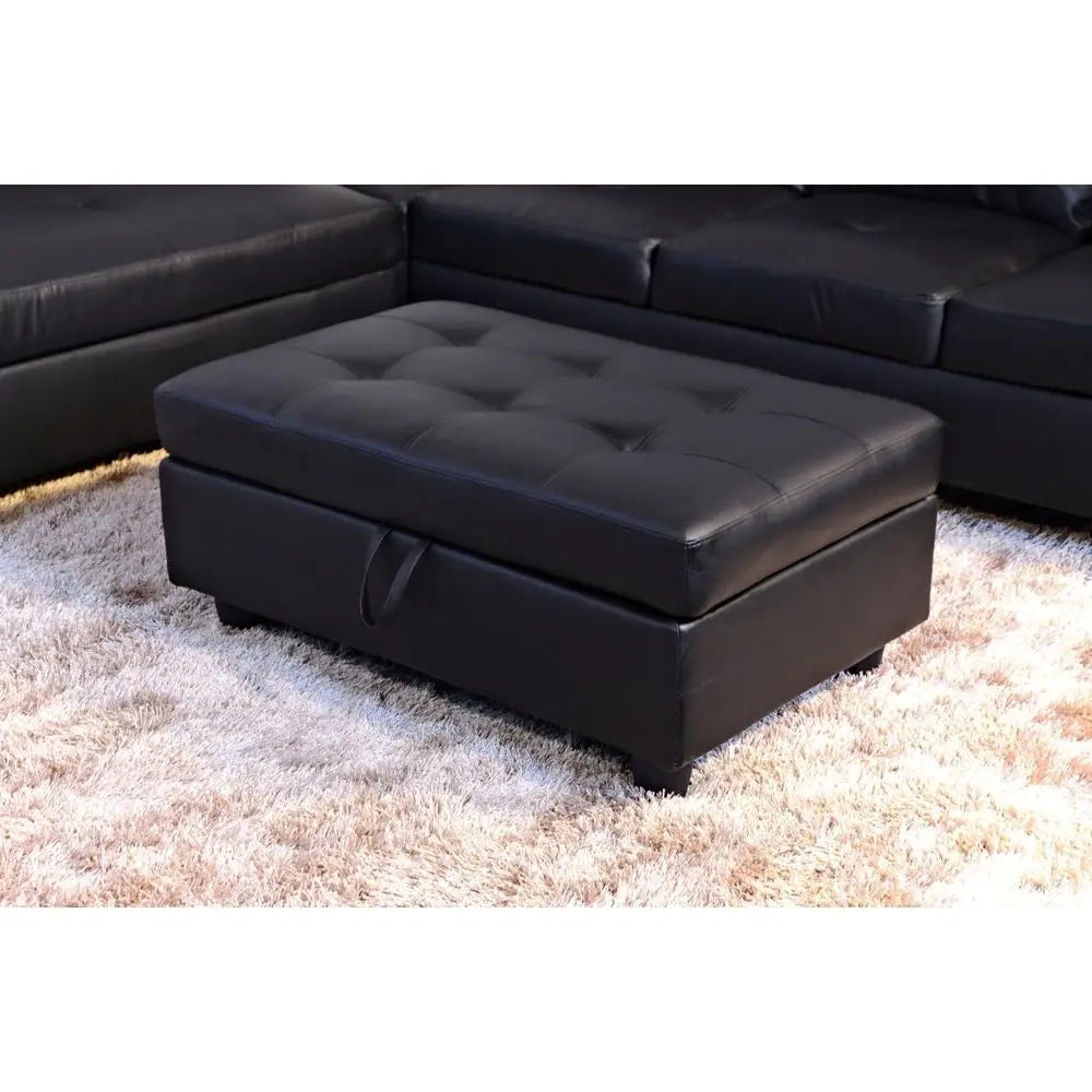 Sectional Sofa Set with Ottoman in Black Leather Style