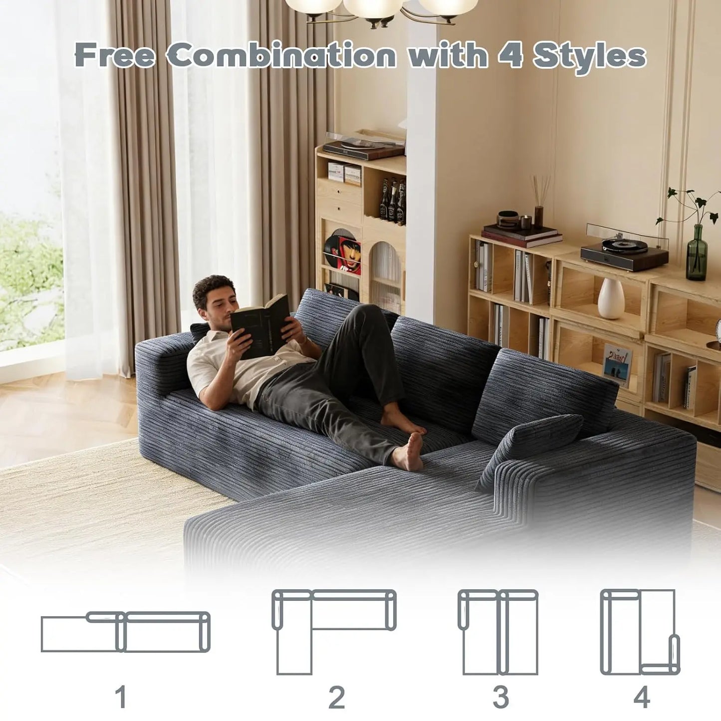 106" Corduroy Sectional Couch, Boneless L Shaped Couch with Deep Seat, Cloud Foam Sofa with Oversized Chaise,, Customized