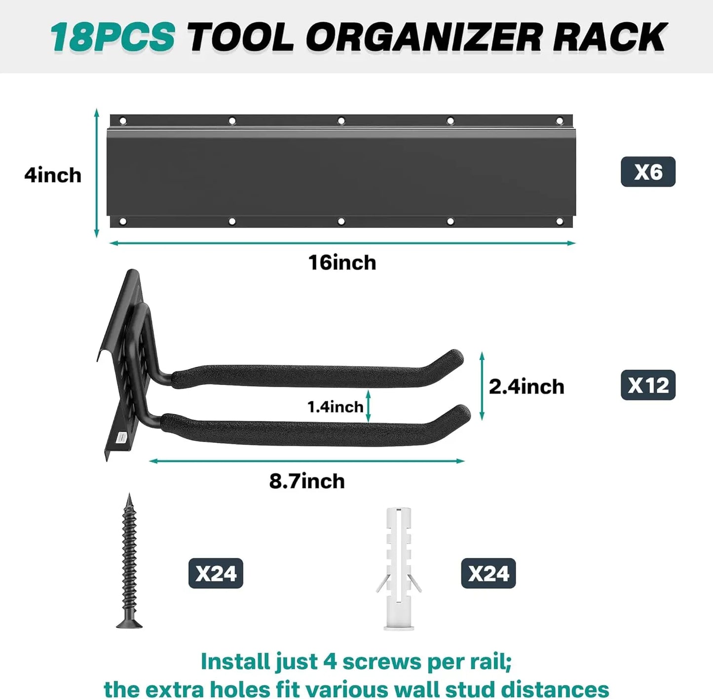 EVERHANGER Garage Tool Storage Organizer, Wall Mount Garden Tool Rack Organization, Heavy Duty Folding Chair Hangers with 12 Adj