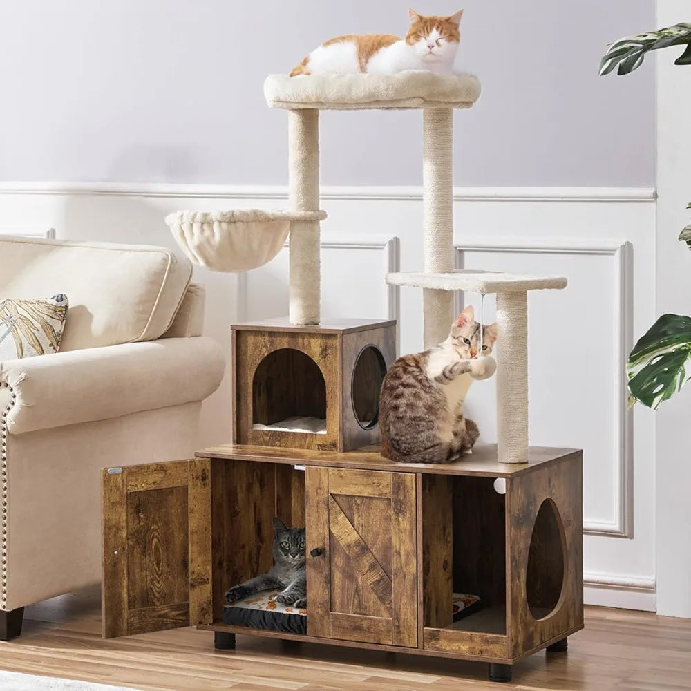 Yaheetech 53-Inch Cat Tower with Wood Litter Box and Condo, Scratching Posts, and Perch for Indoor Cats