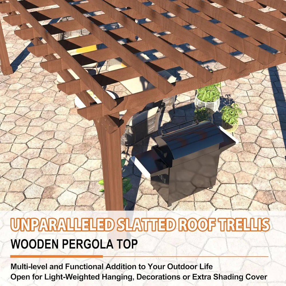 12 x16 FT Wooden Pergola, Cedar Wood Gazebo with Flat Roof, Outdoor Garden Shelter with Stakes Included, Patio,, Customized