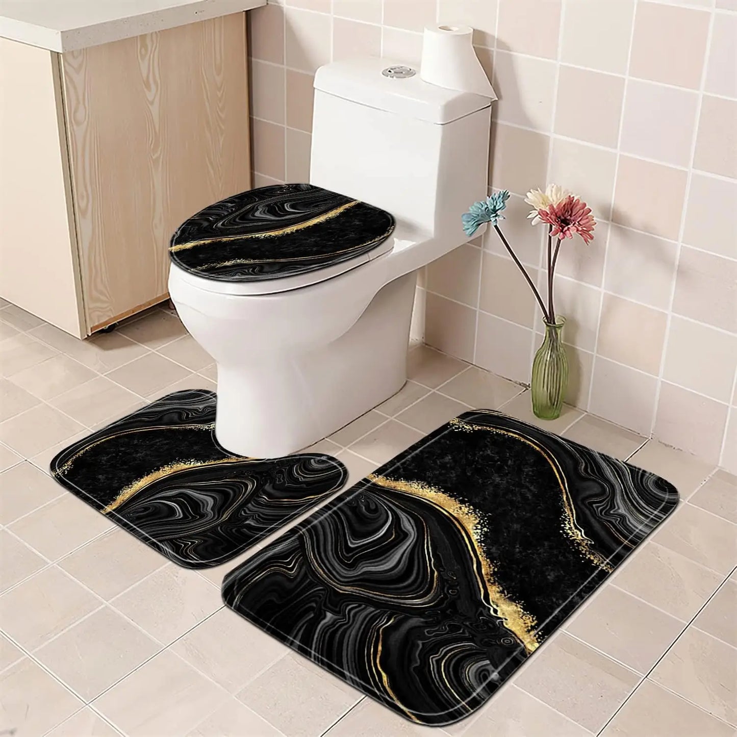 4-Piece Black Marble Shower Curtain Set with Gold Rugs, Modern Abstract Bathroom Decor Accessories Including Toilet Lid Cover