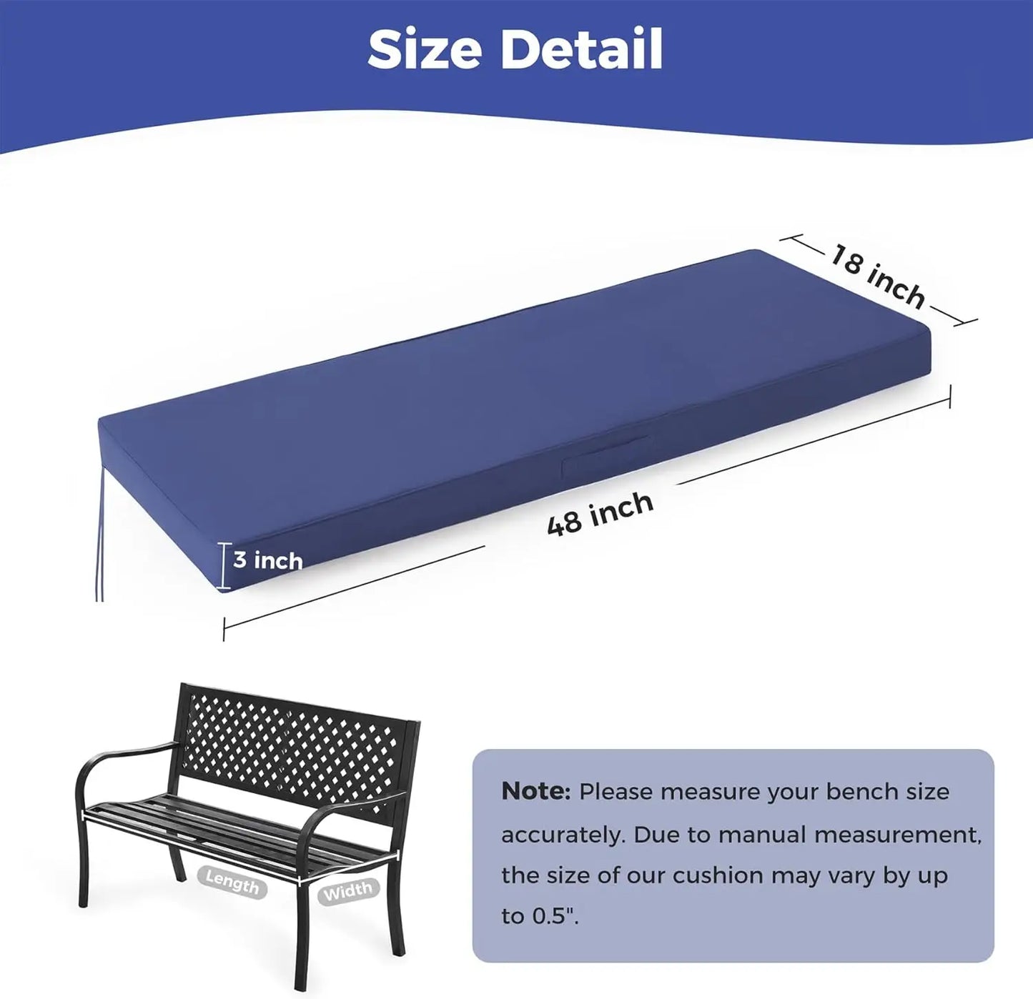 Waterproof Outdoor Bench Cushion, 48x18x3 Inch, Fade Resistant Navy Blue Seat Pad for Garden and Porch