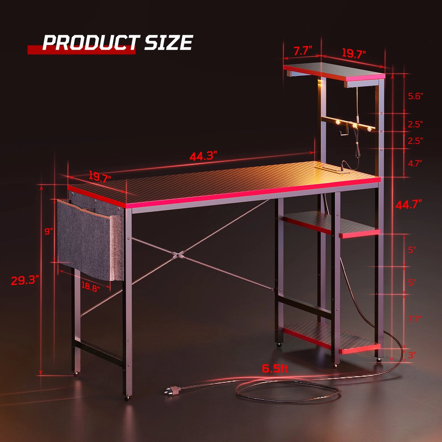 NOST&HOST 44 Inch LED Gaming Computer Desk for Small Spaces, Home Office Desk with Reversible Shelves & Side Bag, Black 3D Carbon Fiber