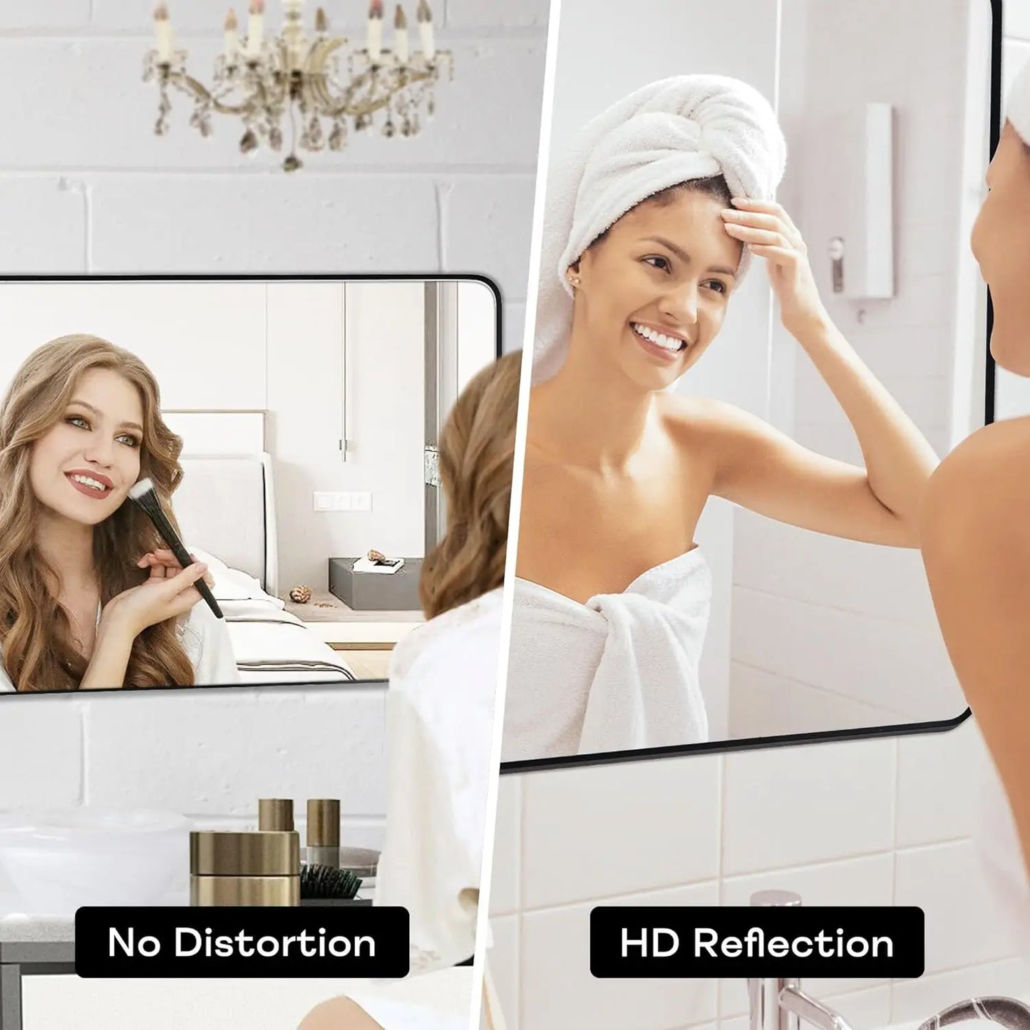 Wall Mount Bathroom Mirror, Brushed Black Metal Frame, Rounded Corner Rectangular Vanity Mirror (24" x 36", Black)