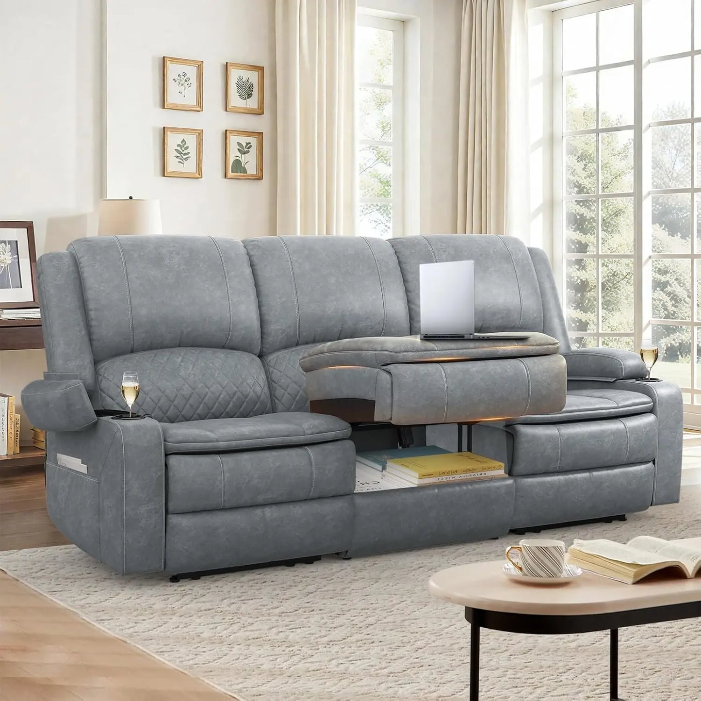 3 Seat Recliner Sofa with Console, Armrest, PU Leather, Cup Holders, USB Ports, Living Room/RV, Customized